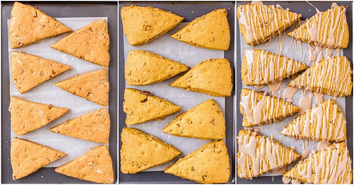 three image collage of scones about to be baked baked and then with the maple glaze