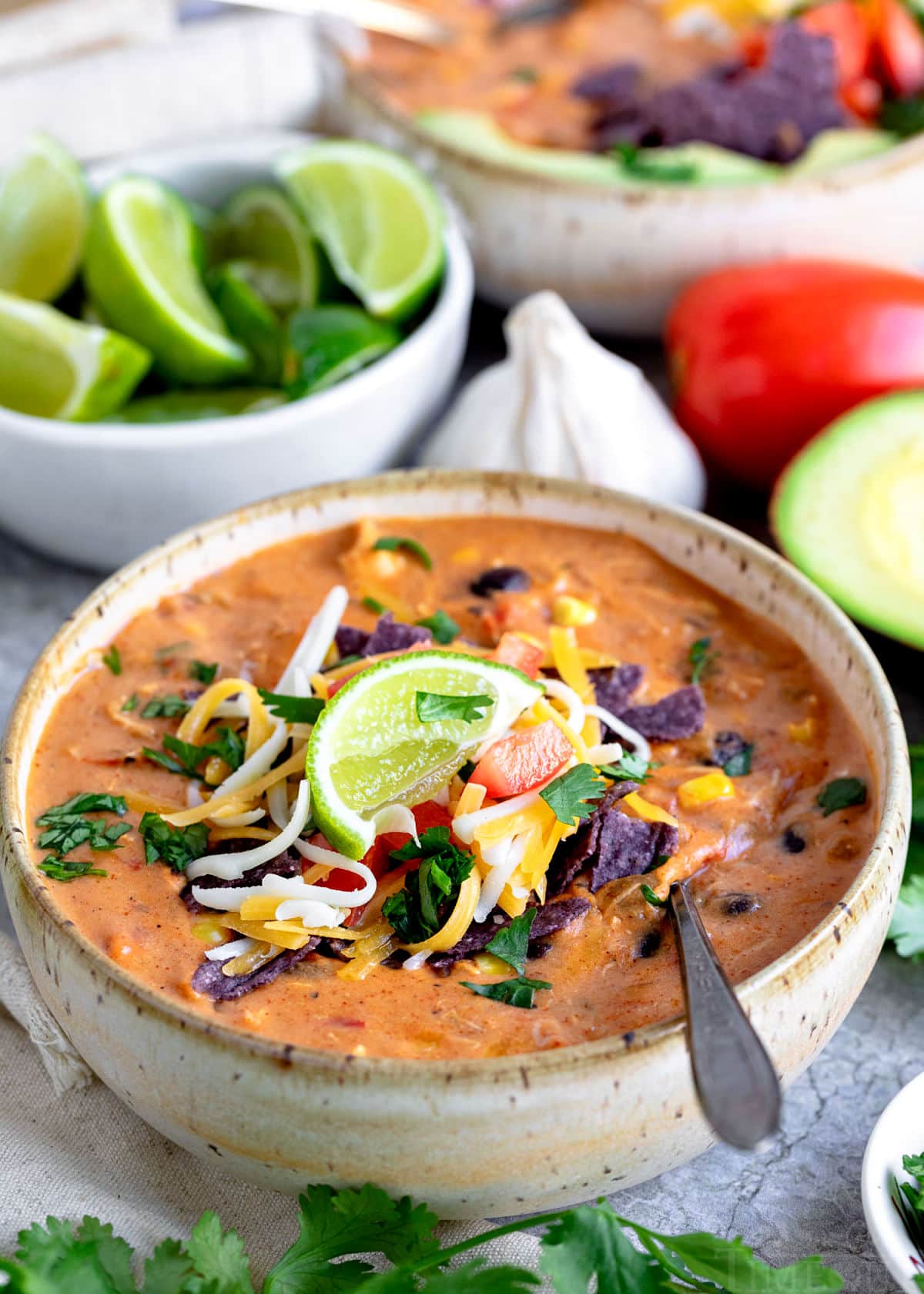 chicken enchilada soup in pottery bowl with spoon and garnished with cilantro lime tomatoes cheese and title overlay at top