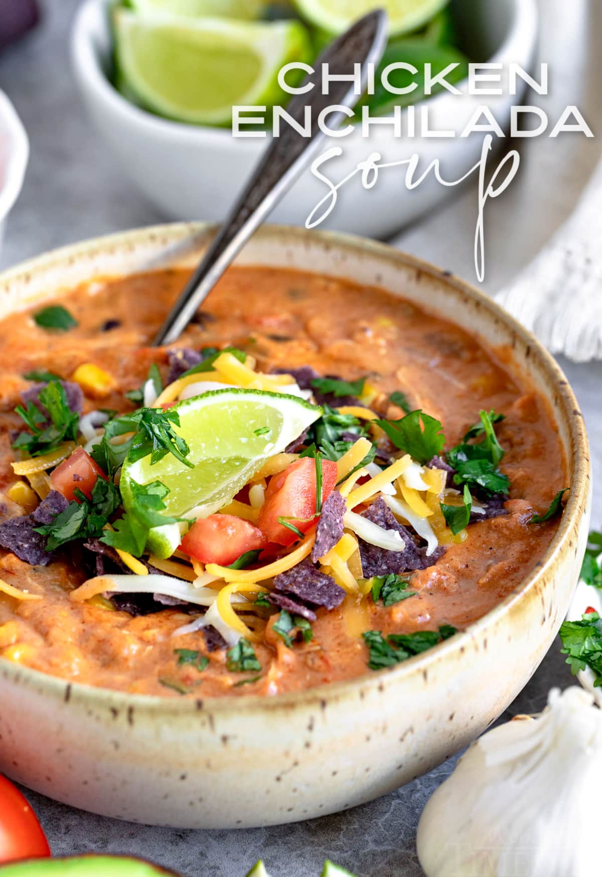 chicken enchilada soup in pottery bowl with spoon and garnished with cilantro lime tomatoes cheese and title overlay at top