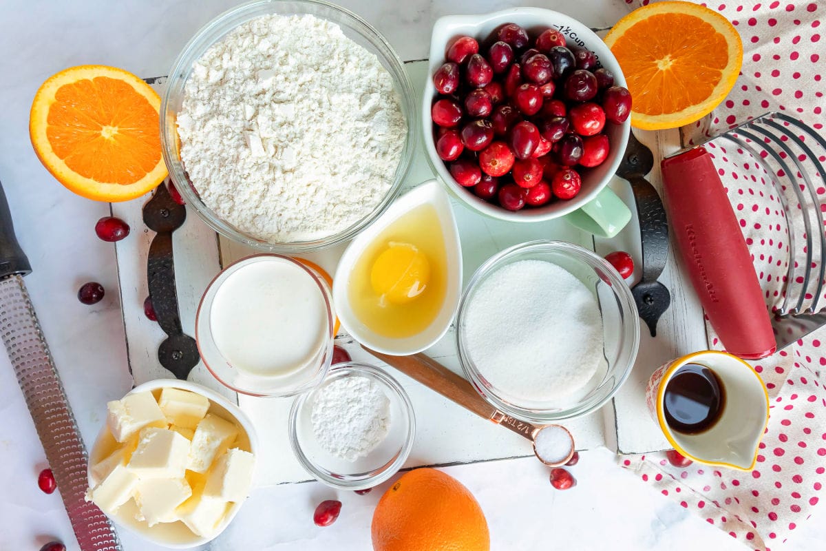 cranberry orange scone recipe ingredients measured out into small bowls