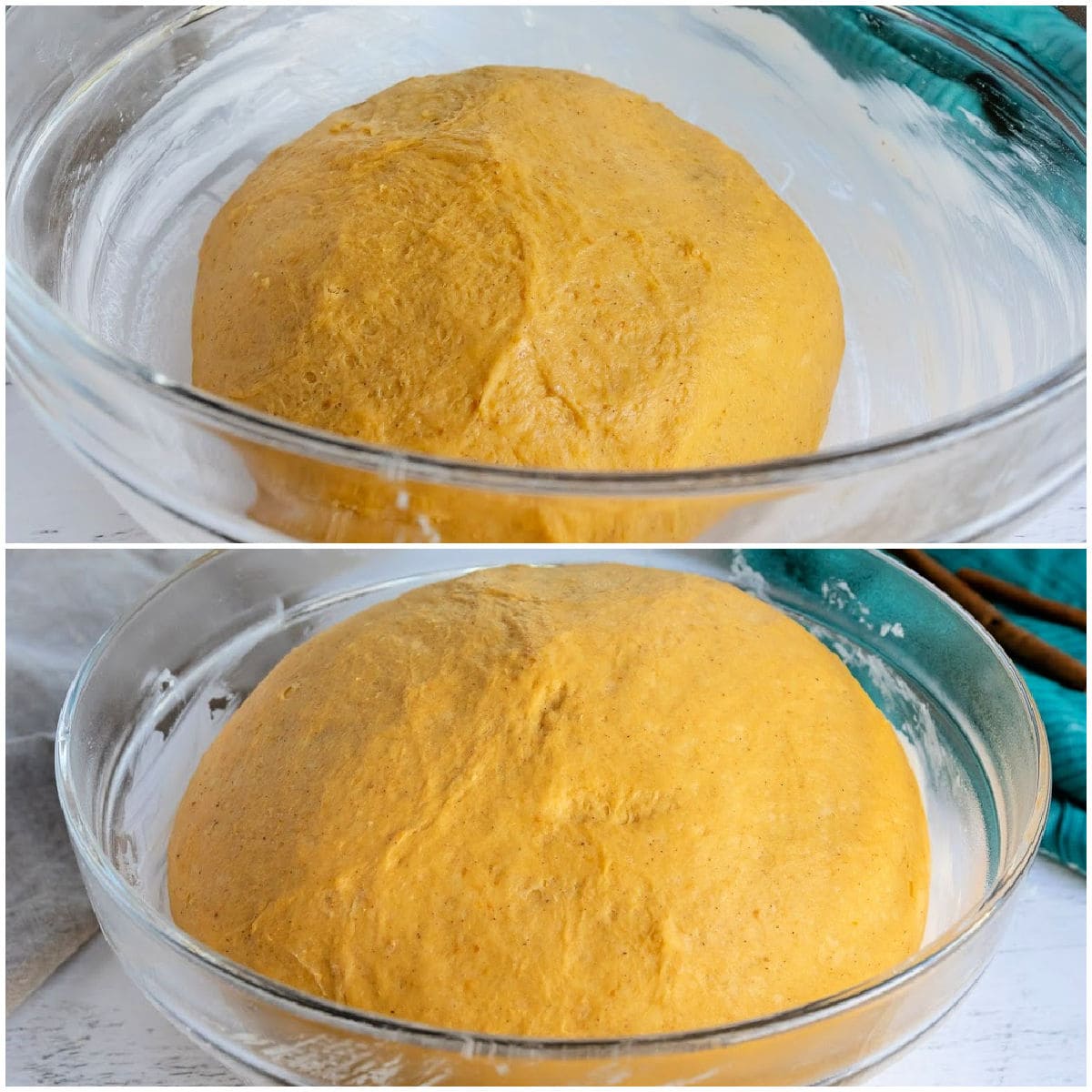 two image collage of dough rising in clear bowl