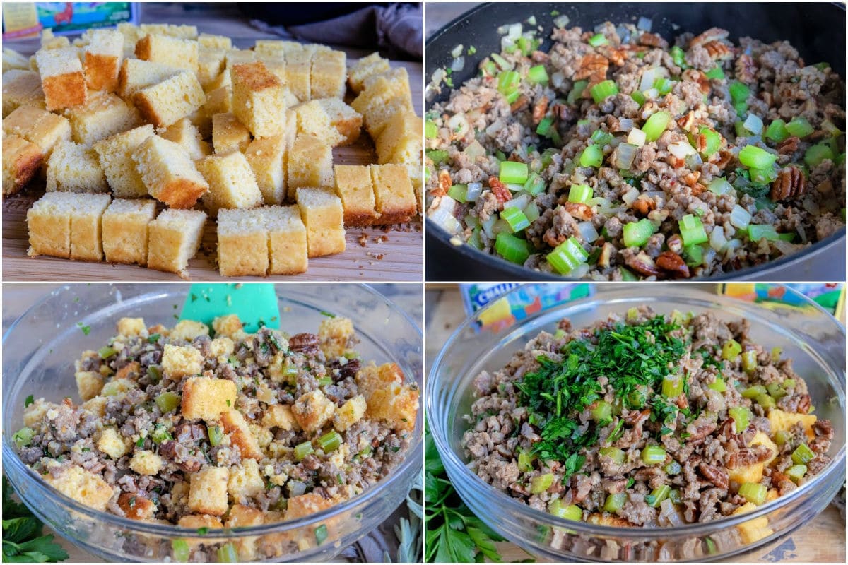 4 image collage showing how to make cornbread dressing