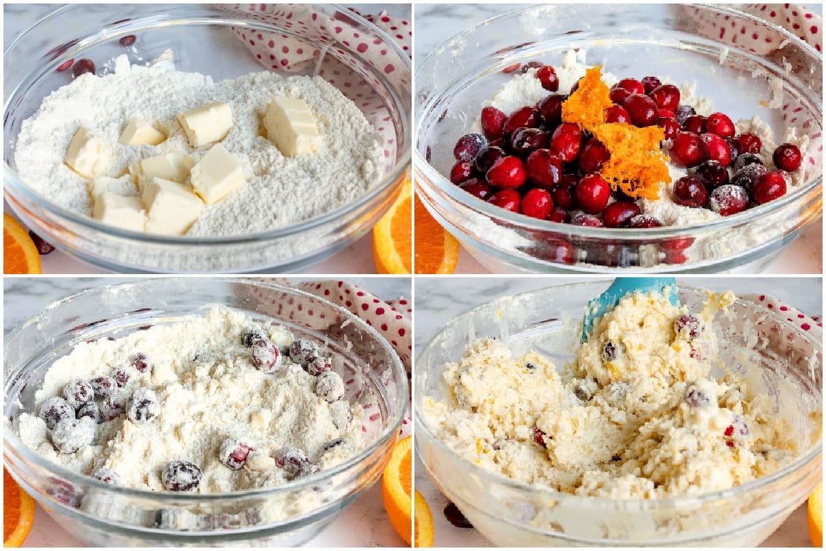 how to make cranberry orange scones in a 4 step collage showing the dough being mixed together