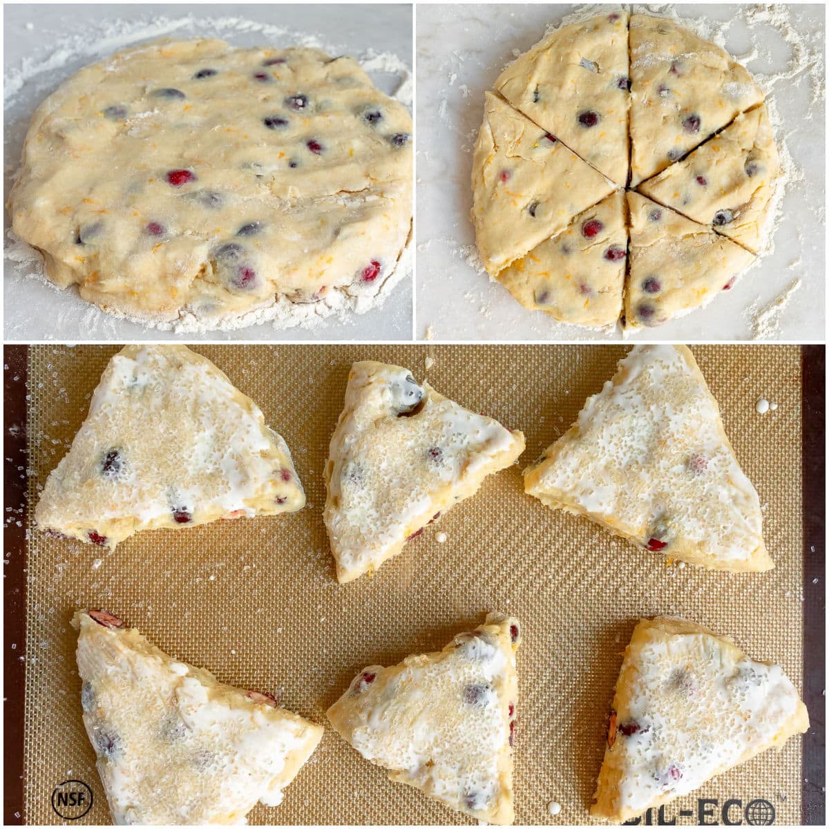 how to make cranberry orange scones with a three image collage showing scones being cut and place on baking sheet