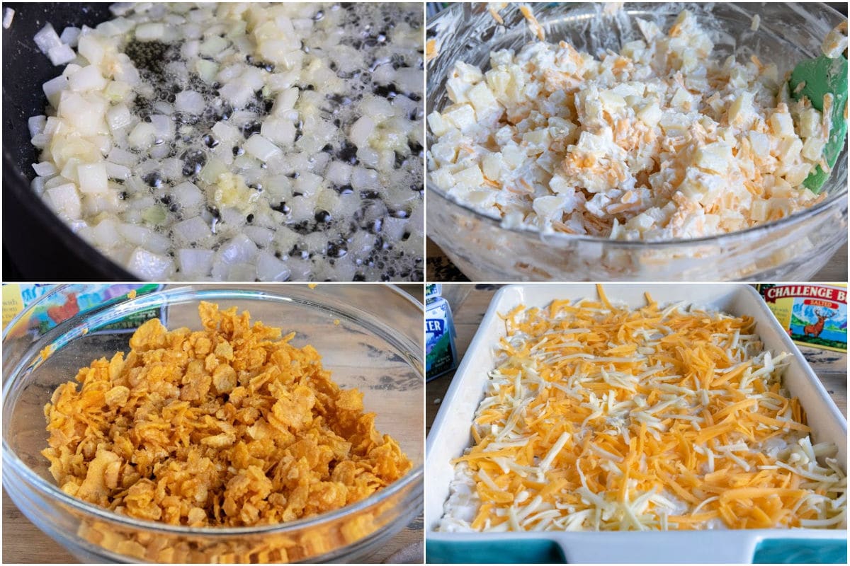 4 image collage showing how to make and assemble funeral potatoes