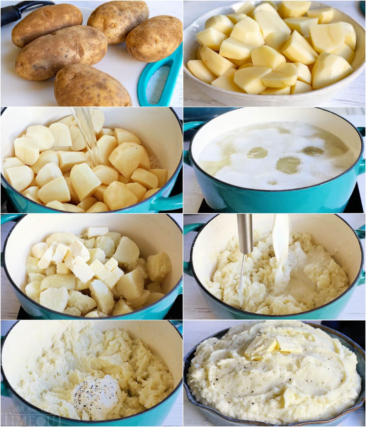 eight image collage showing how to make the best mashed potatoes with step by step photos.