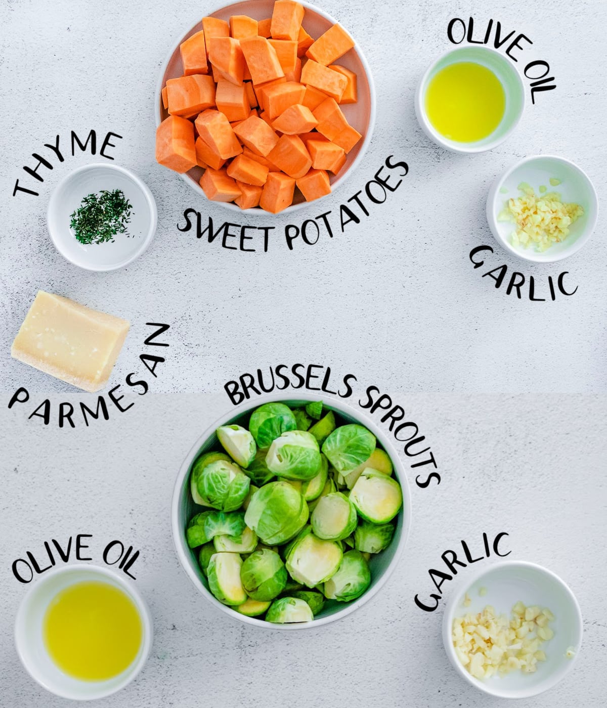 roasted brussels sprouts ingredients and roasted sweet potatoes ingredients measured out into small bowls and labeled