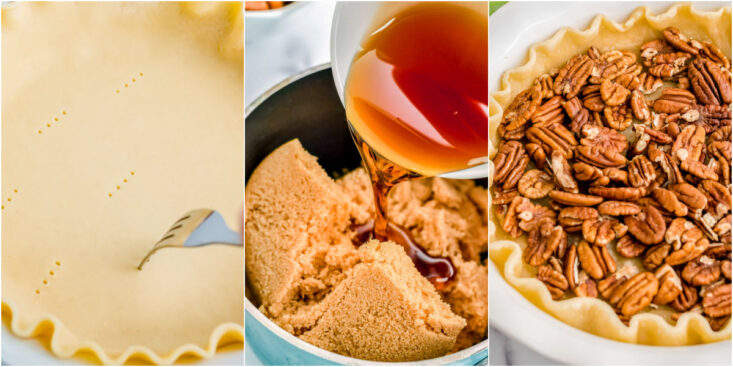 three image collage showing pie crust being poked syrup being made and pecans on top of the crust