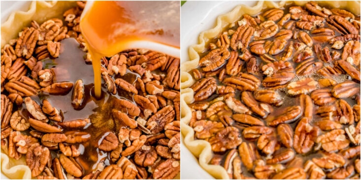 two image collage of pecan pie having syrup poured over pecans and finished pie ready to bake