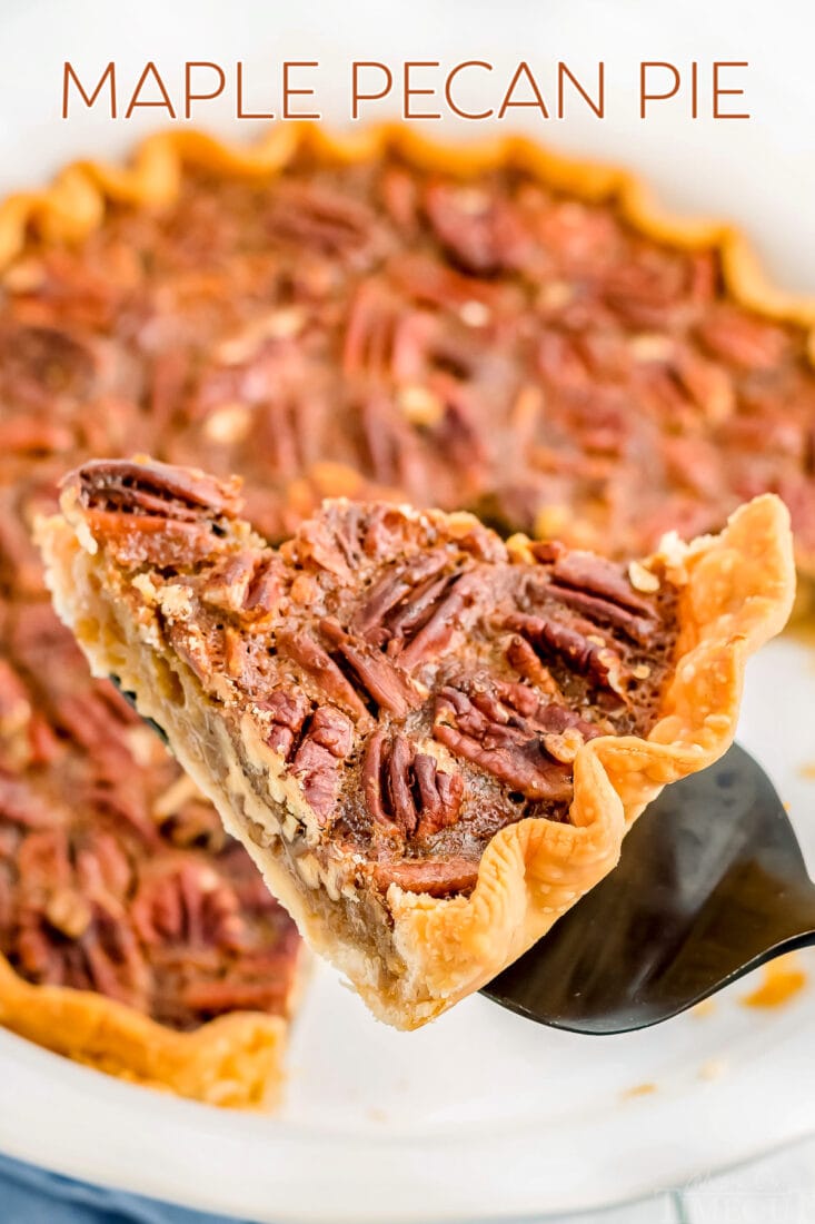 slice of pecan pie on pie server with pie beneath and title overlay at top of image
