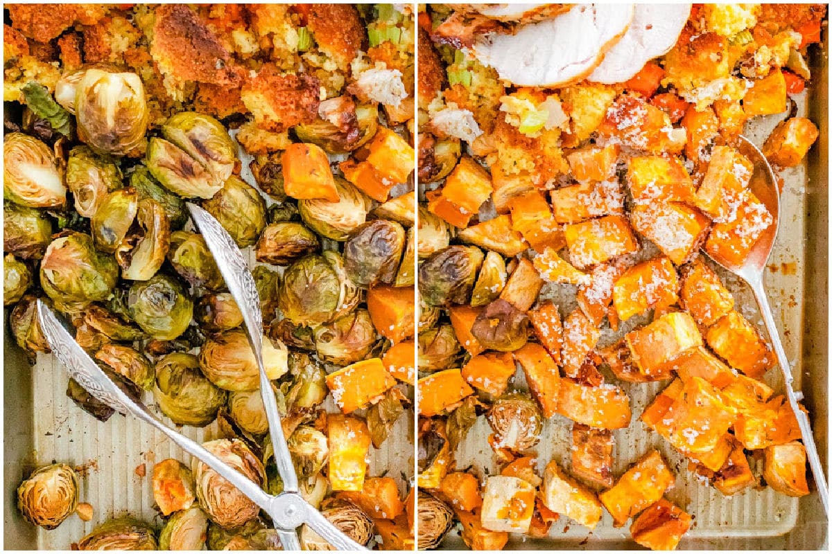 roasted brussels sprouts roasted sweet potatoes collage on sheet pan