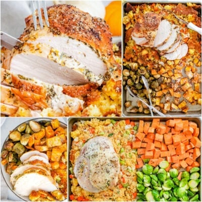roast turkey breast sheet pan thanksgiving dinner collage showing all elements of the recipe