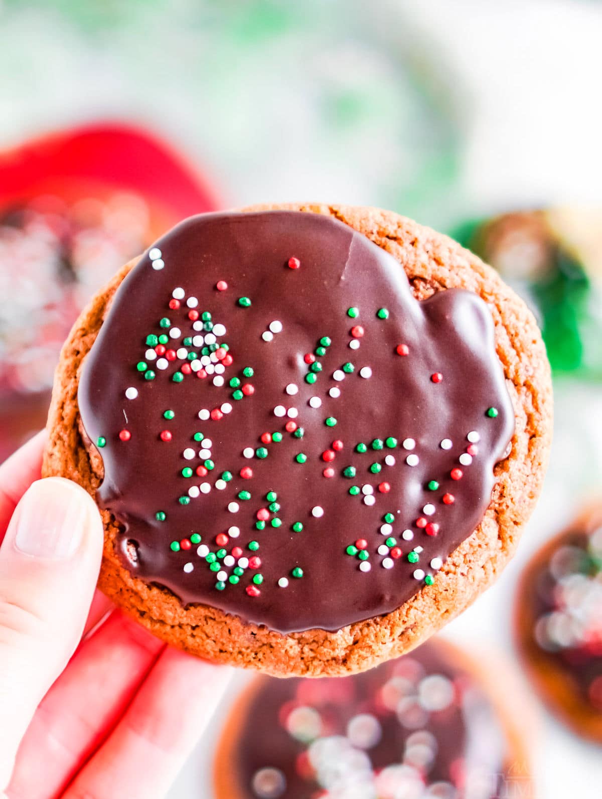 a chocolate cookie with red green and white sprinkles being held up in the light