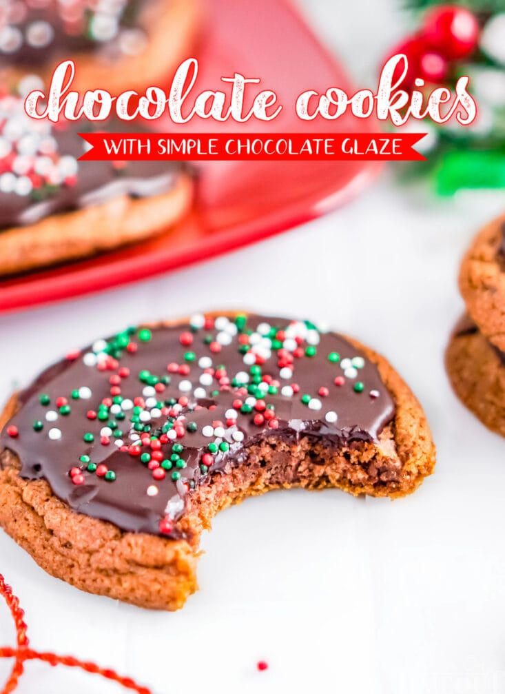 chocolate cookie with chocolate glaze and chirstmas sprinkles on top with title overlay at top of image