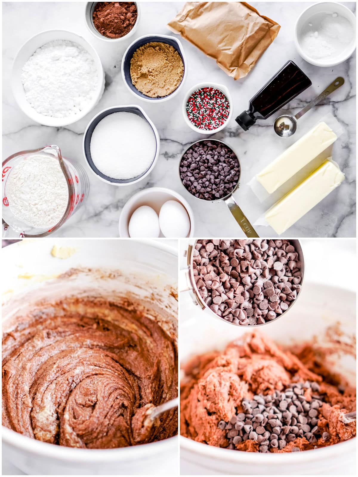 three image collage of cookie ingredients laid out and the cookie dough being mixed together