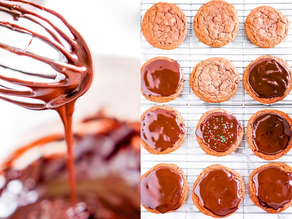 two image collage of glaze dripping off whisk and top down view of chocolate cookies without about half of them glazed