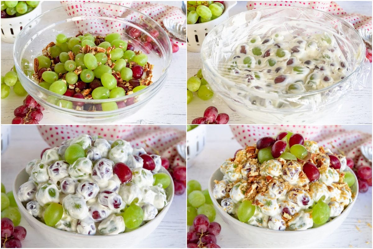 4 image collage showing how to make a grape salad