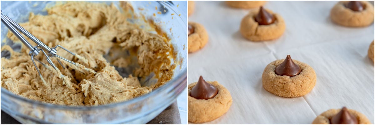 two image collage of cookie dough and kisses pressed into the top of the cookies