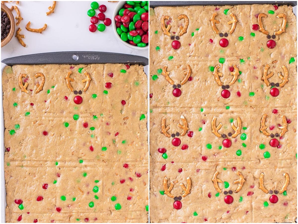 two image collage showing how to make reindeer faces in the top of the cookie bars in the sheet pan