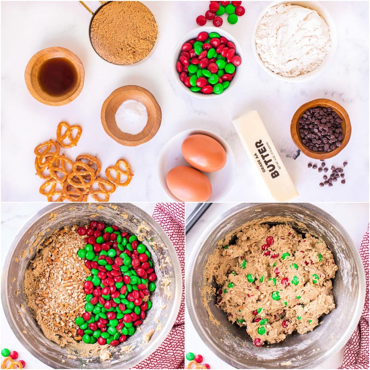 reindeer pretzel cookie bars ingredients laid out on white surface and two images showing dough being mixed together in this three image collage