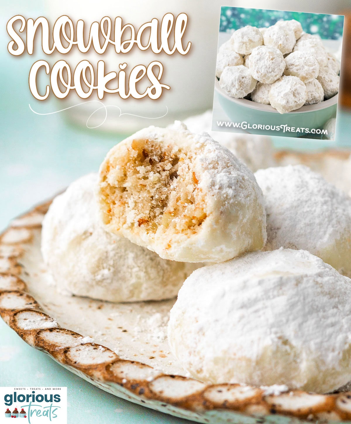 Snowball Cookies on white clay plate piled up and one with a bite taken.