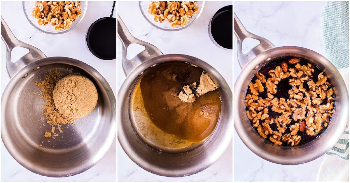 three image collage showing how candied walnuts are made step by step