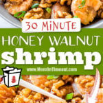 2 image collage of honey walnut shrimp in bowl and in skillet with shrimp being picked up with chopstick and center color block and text overlay