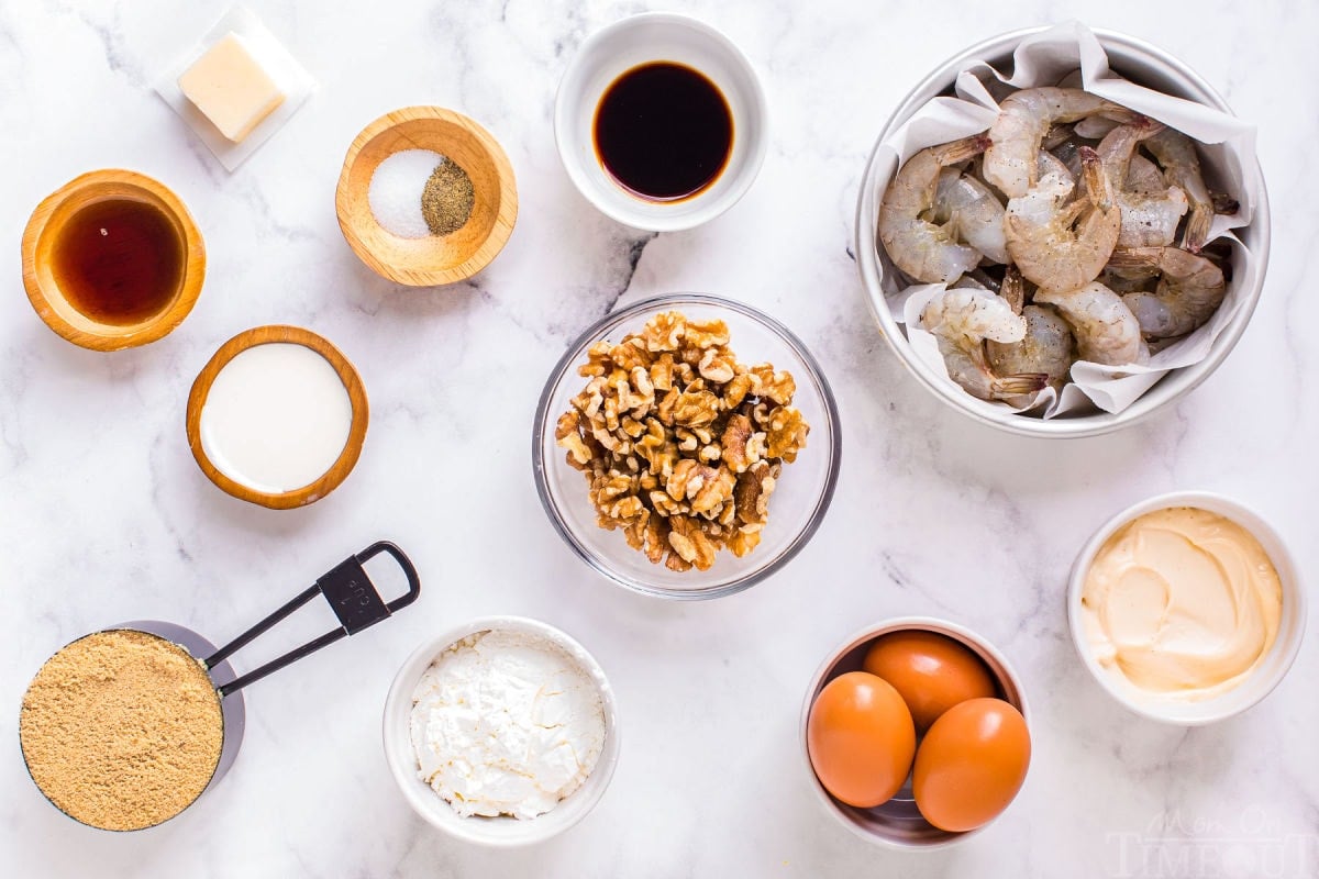 top down look at honey walnut shrimp ingredients measured out into small bowl and containers