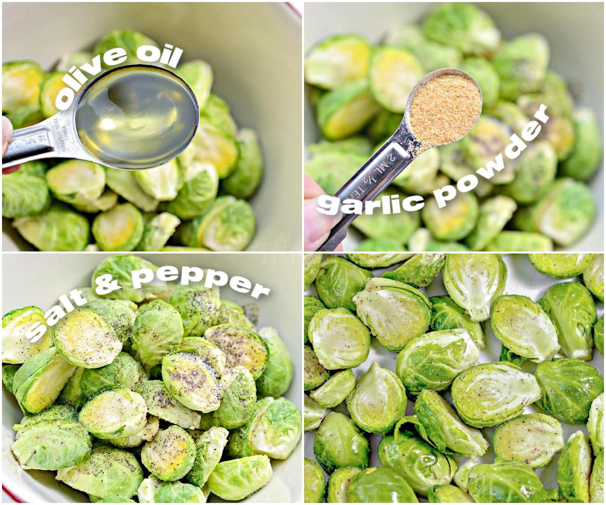 4 image collage showing brussels sprouts being seasoned