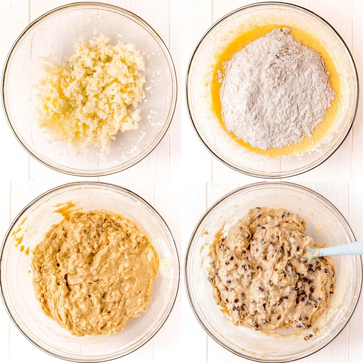 4 image collage showing muffin batter being mixed together