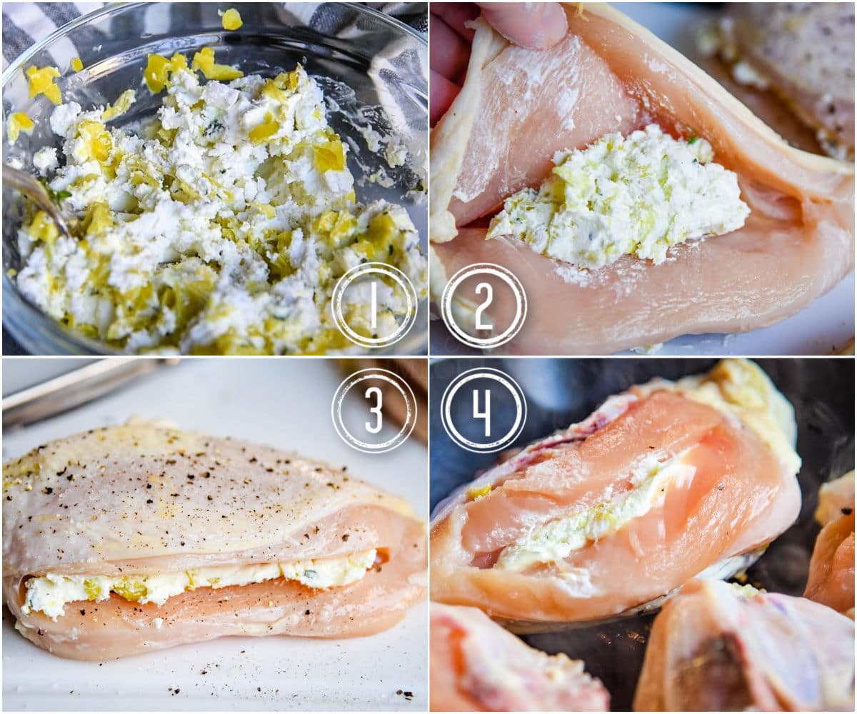 4 image collage showing how to make stuffed chicken with goat cheese including bowl of filling split chicken breast and pan searing