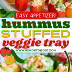 stuffed veggies on white marble tray topped with herbs and olive oil and center color block and text overlay