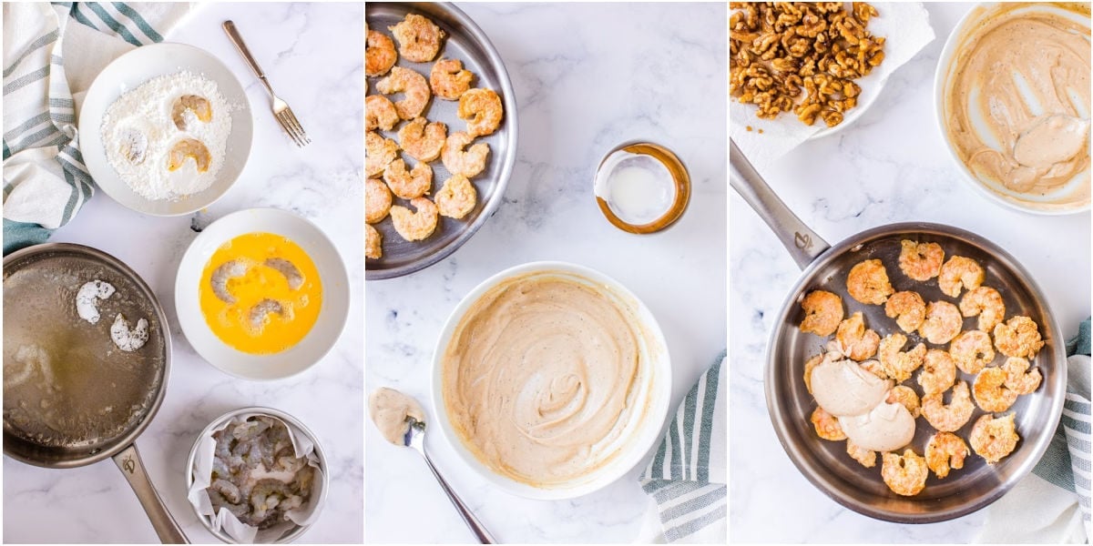 three image collage showing making honey walnut shrimp including breading the shrimp making the sauce and mixing it together