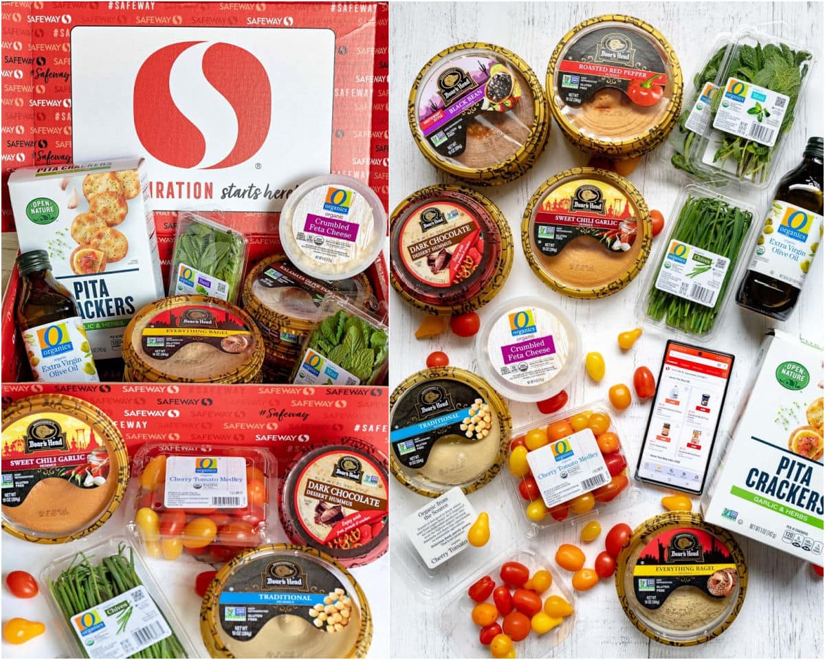 2 image collage safeway box filled with hummus and other ingredients and a flat lay of the same products