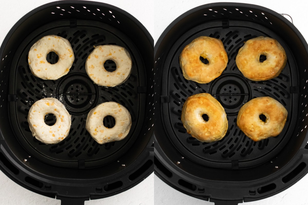 4 donuts being made in air fryer in this 2 image collage