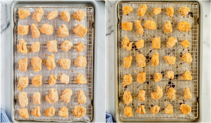 baked chicken nuggets on wire racks.