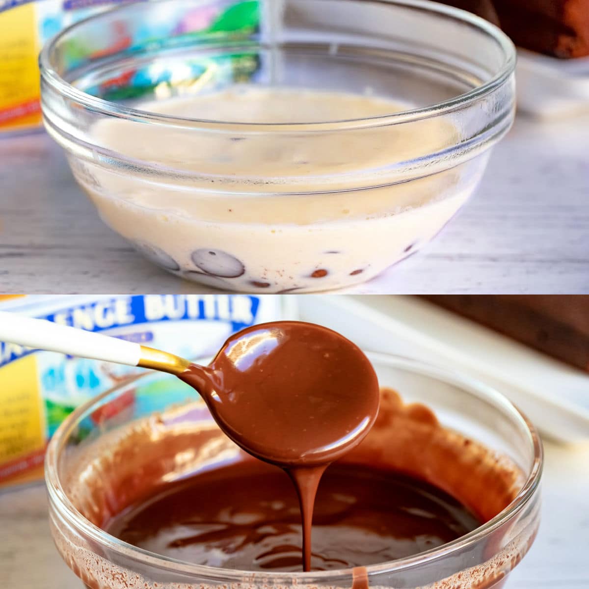 2 image collage showing chocolate ganache glaze being made