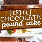 2 image collage of chocolate pound cake with center color block and text overlay