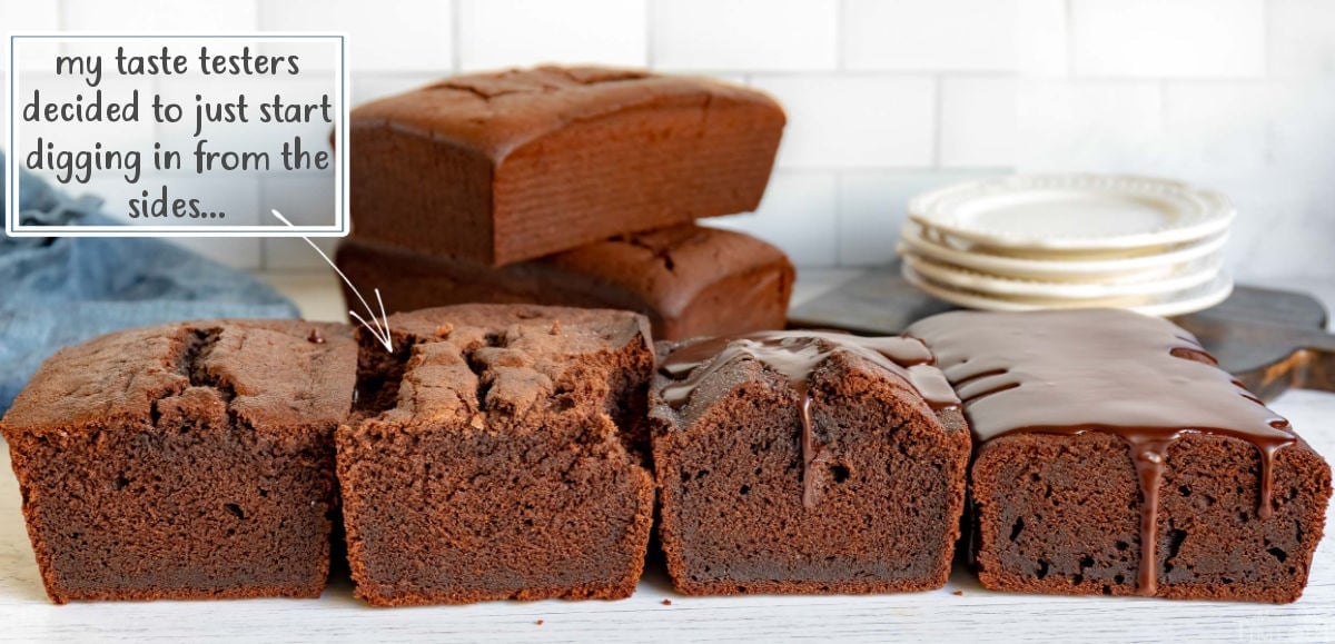 chocolate pound cakes lined up showing texture and color