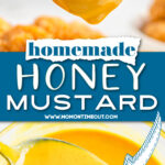 honey mustard sauce mixed together and being dipped into with a chicken nugget.