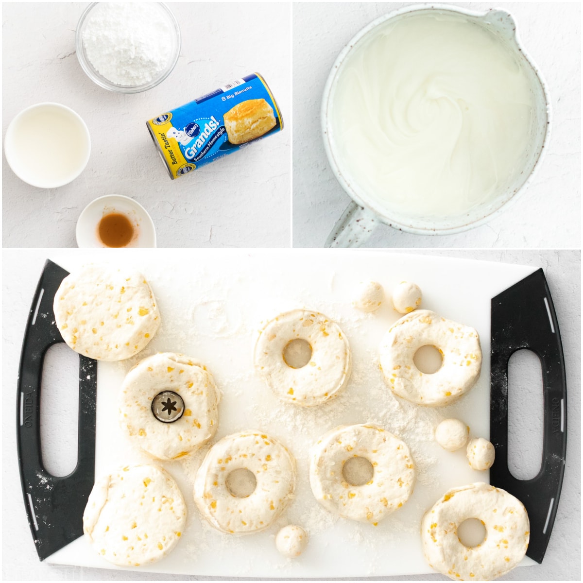 three image collage showing how to make air fryer donuts and vanilla glaze