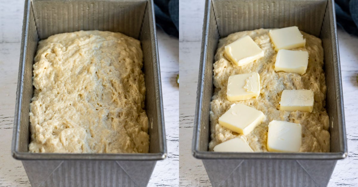 batter in loaf pan topped with butter.