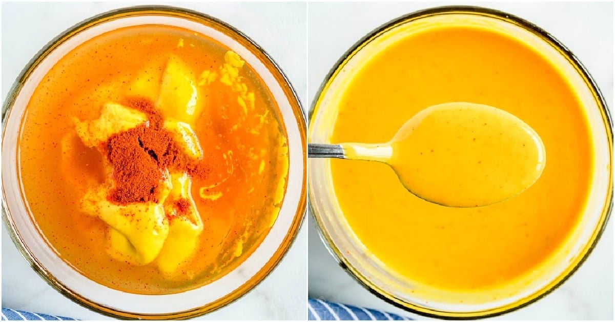 ingredients being mixed together in clear bowl.