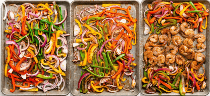 three image collage showing fajita veggies being cooked on a sheet pan