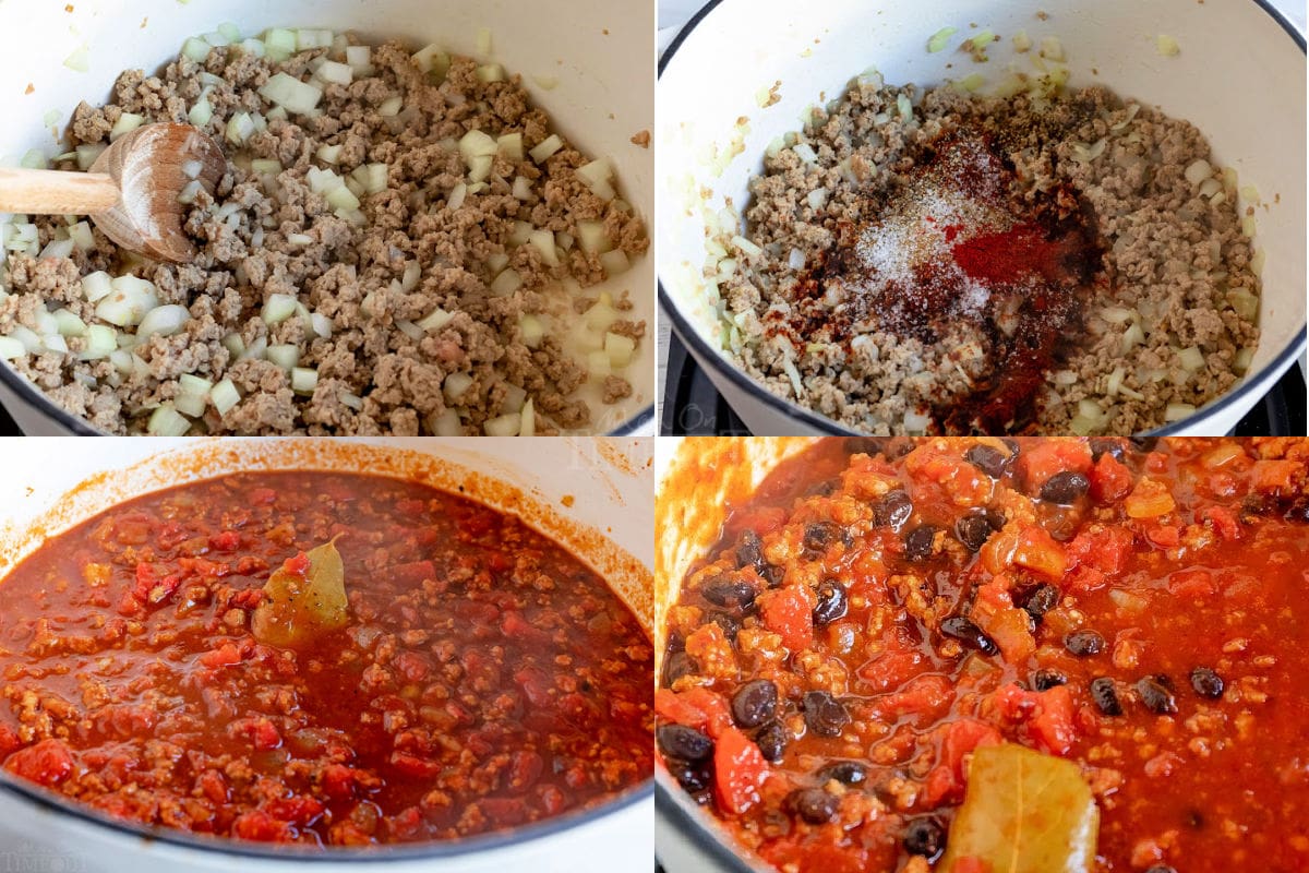 4 image collage showing how to make turkey chili.