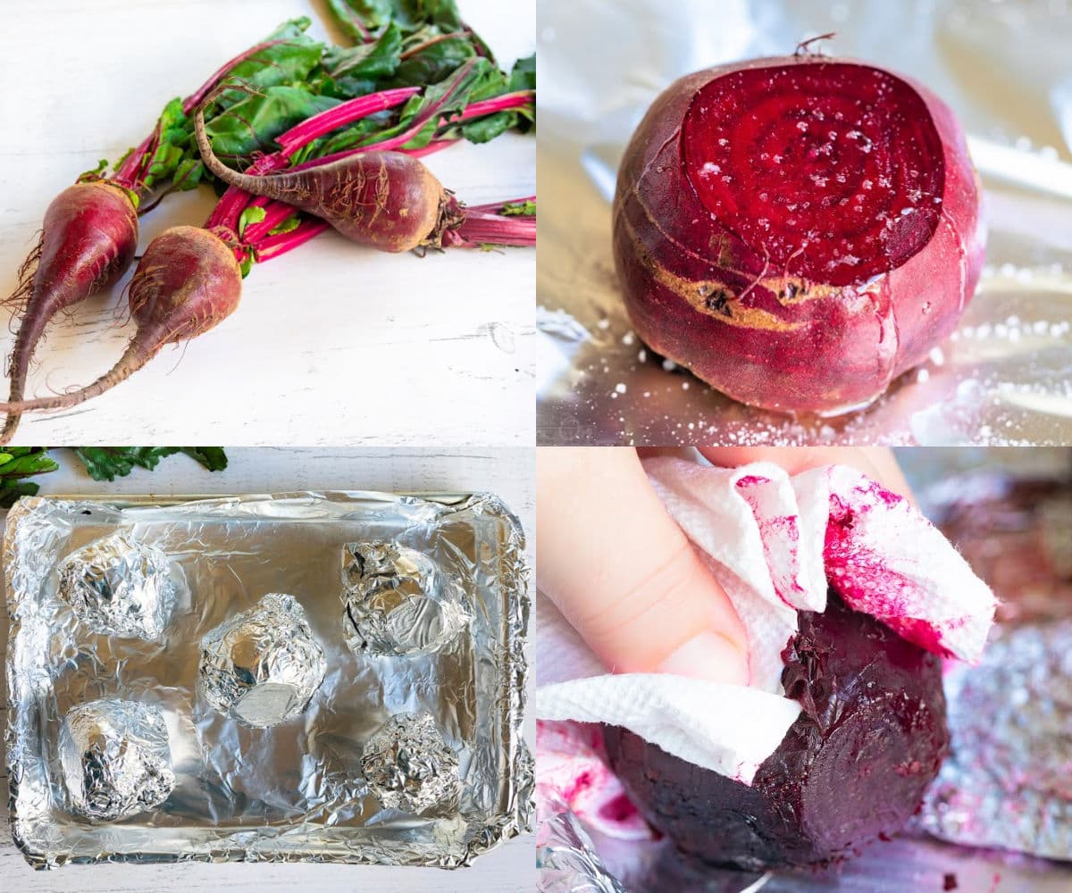 how to roast beets four image collage showing beets being prepped for roasting.