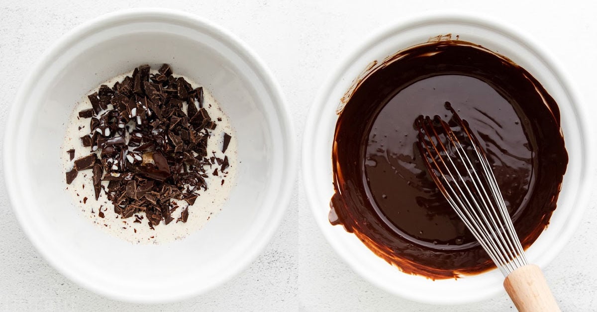 chocolate being melted by hot cream and stirred together