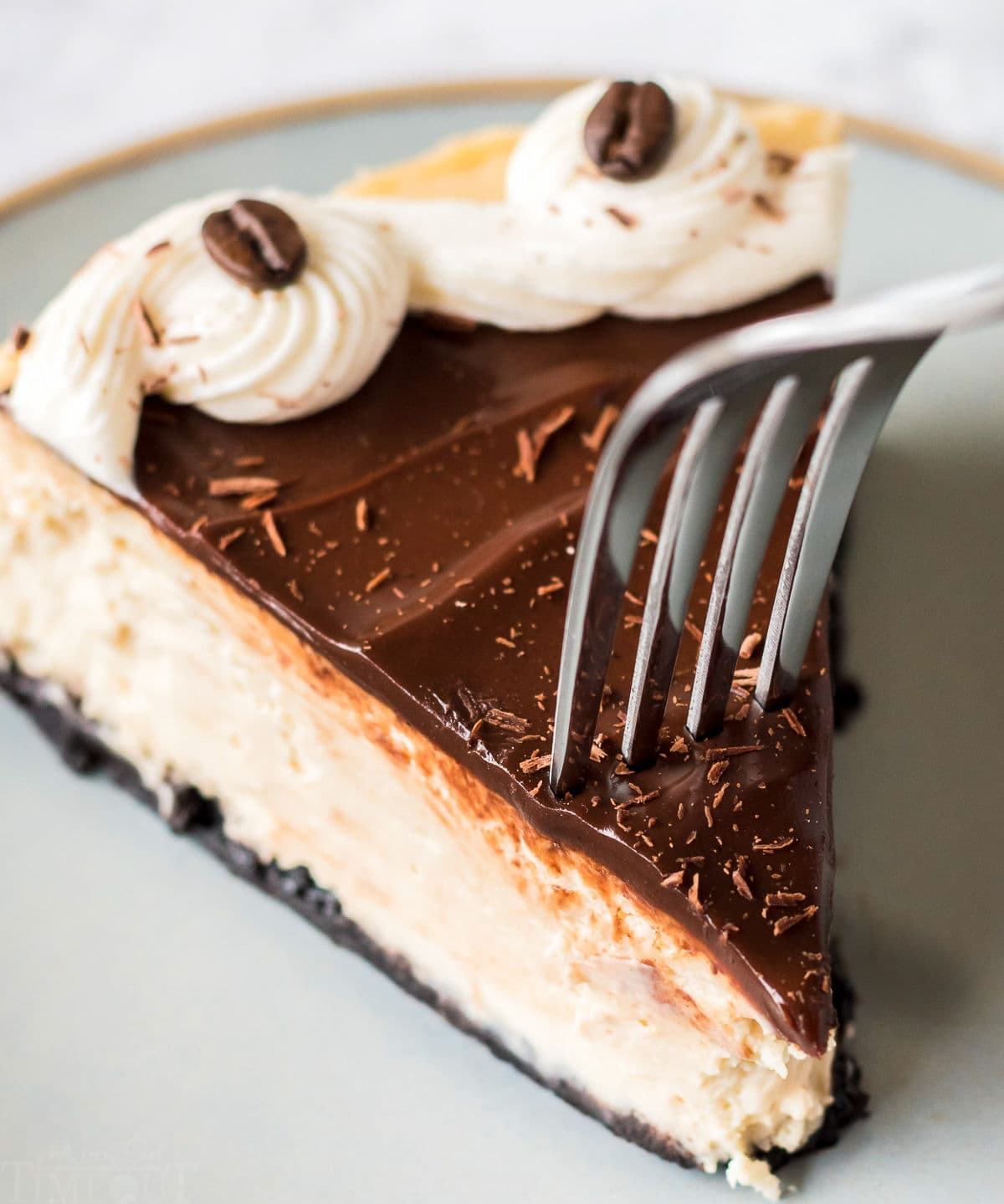 piece of espresso cheesecake with fork going down into it 