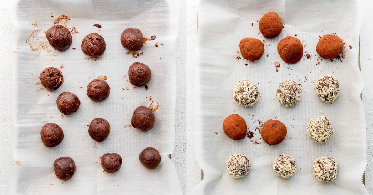 truffles rolled in cocoa and almonds in a two image collage.
