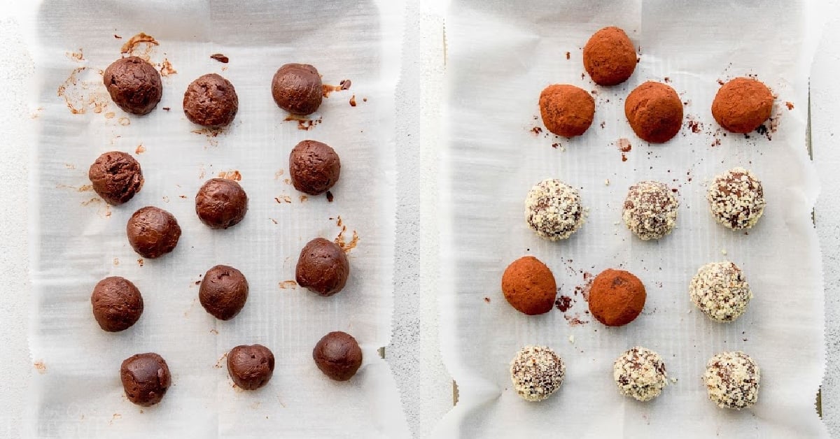 truffles rolled in cocoa and almonds in a two image collage.